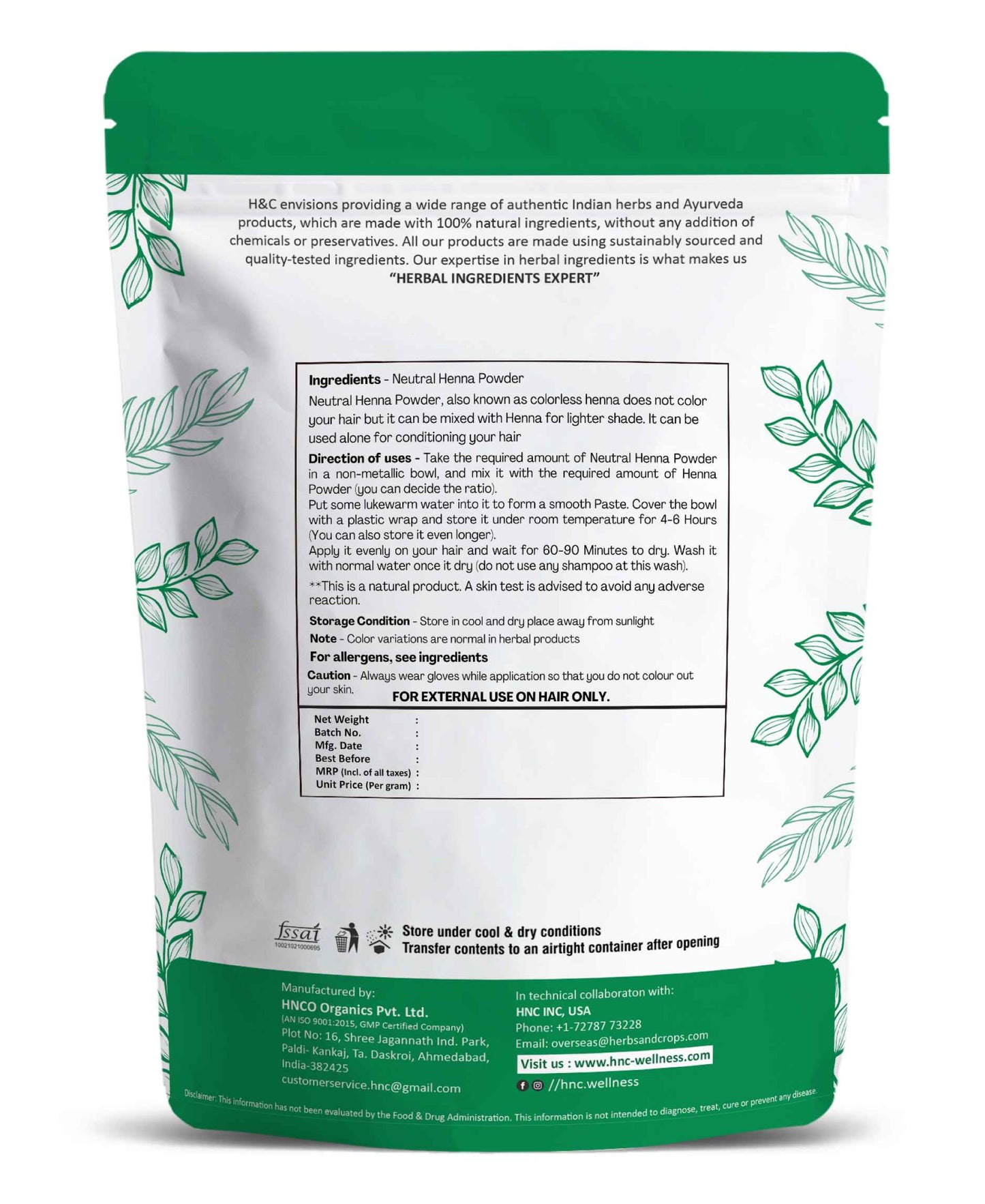 H&C Natural Neutral Henna Powder / Cassia Obovata - 227grams