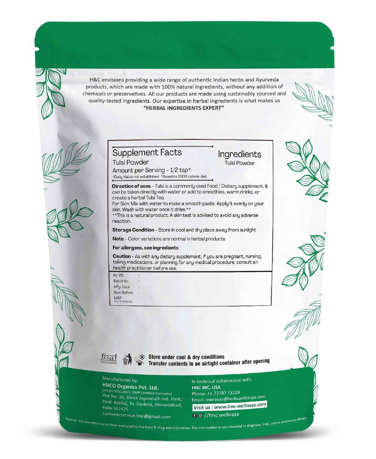 H&C Natural Tulsi Powder 100gm - Immunity & Stress Relief